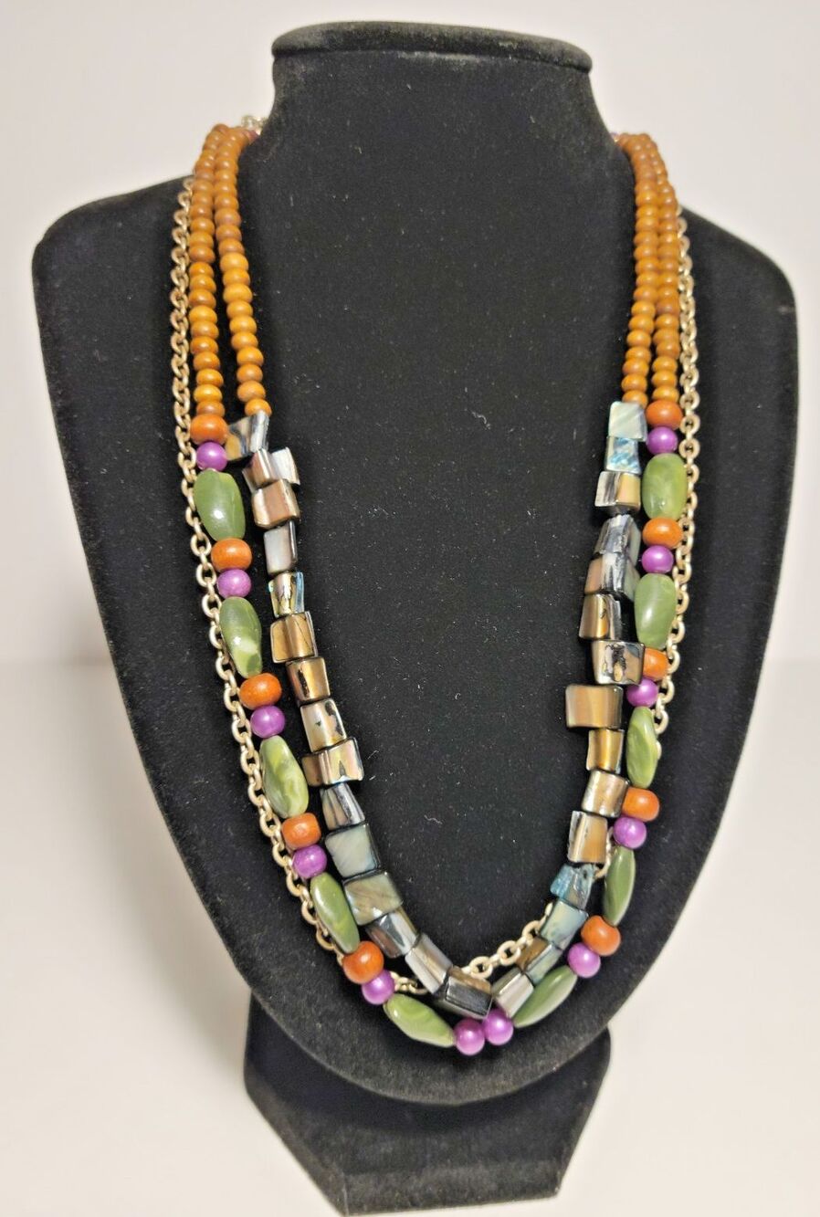 Multi Strand Beaded Boho Necklace Shell Wood Green Purple Iridescent Layered 21"